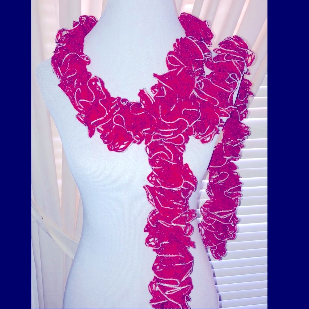 Handmade Ruffle Crochet Scarf, Red w/Silver - Picture 2 of 7